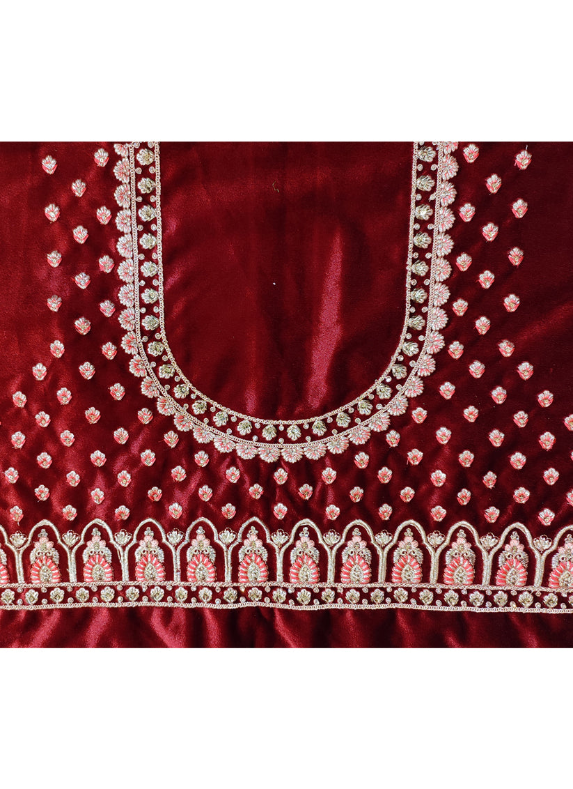 Maroon Velvet Embroidered Bridal Lehenga Choli