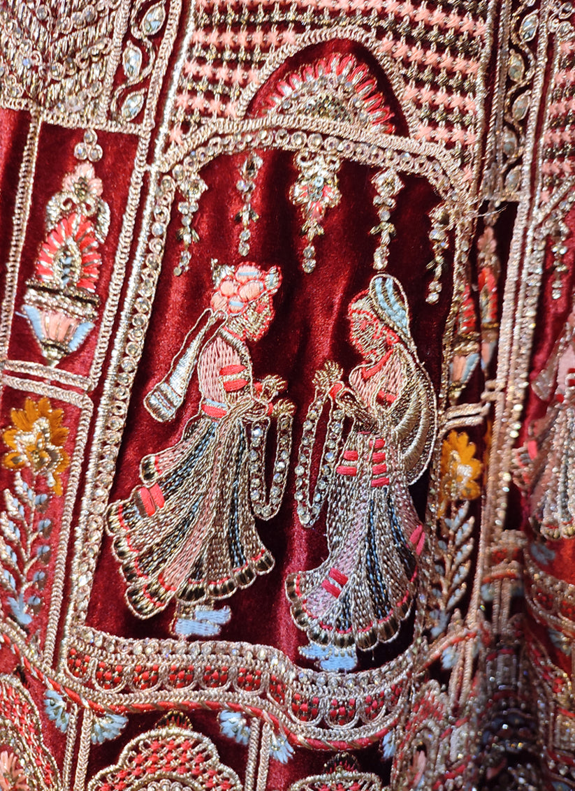 Maroon Velvet Embroidered Bridal Lehenga Choli