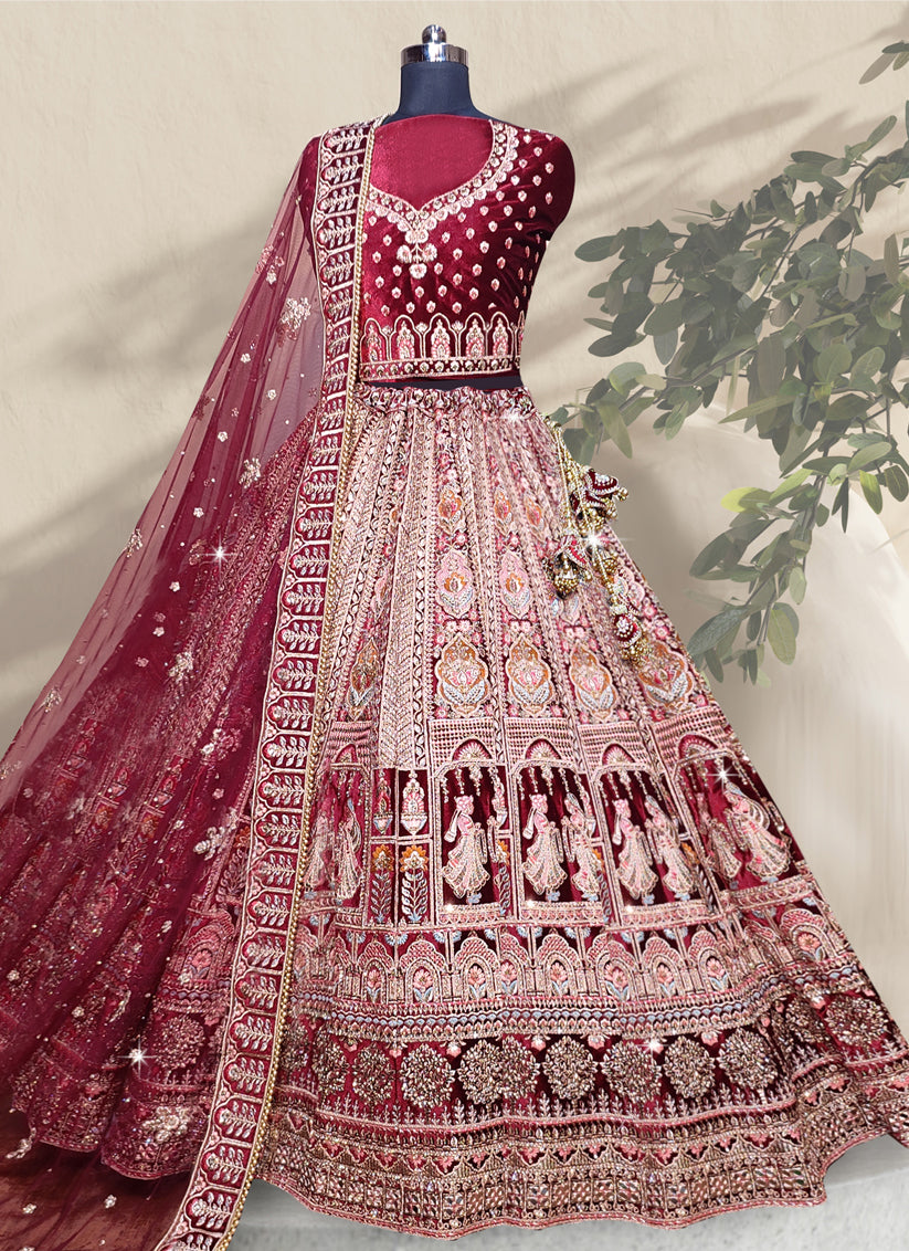 Maroon Velvet Embroidered Bridal Lehenga Choli