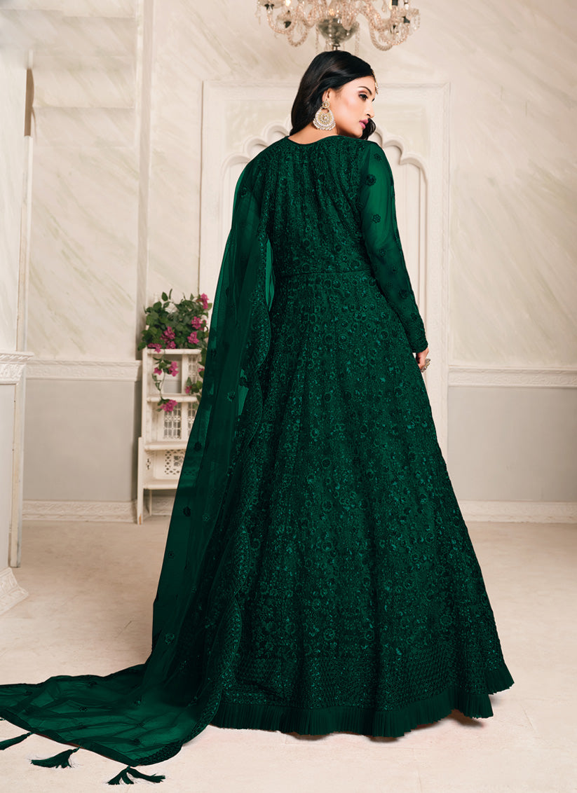 Bottle Green Net Sequined Designer Anarkali Suit
