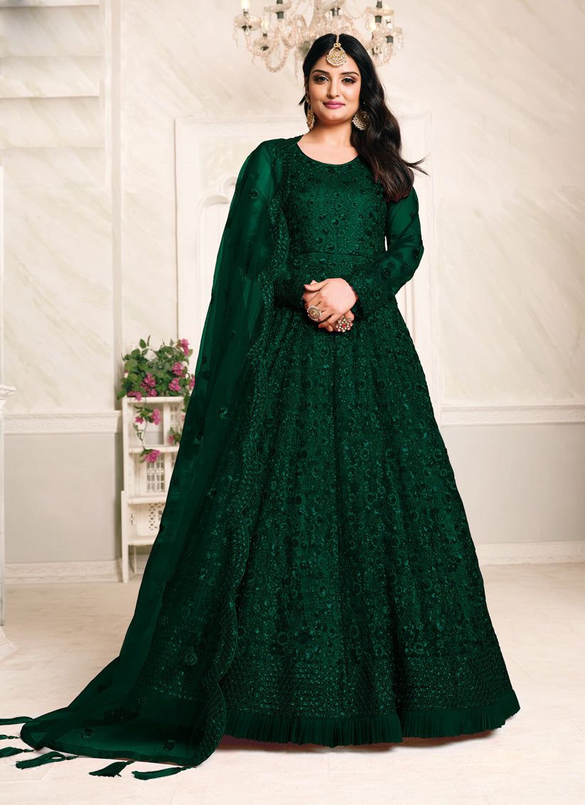 Bottle Green Net Sequined Designer Anarkali Suit