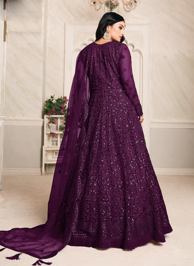 Plum Net Sequined Designer Anarkali Suit