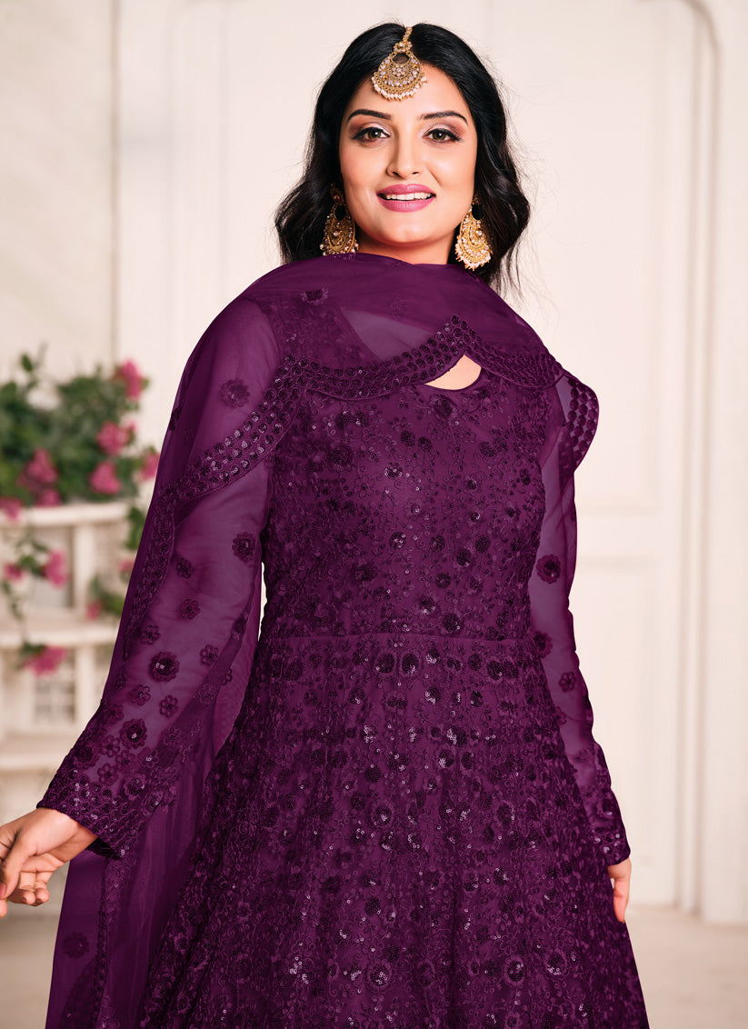 Plum Net Sequined Designer Anarkali Suit
