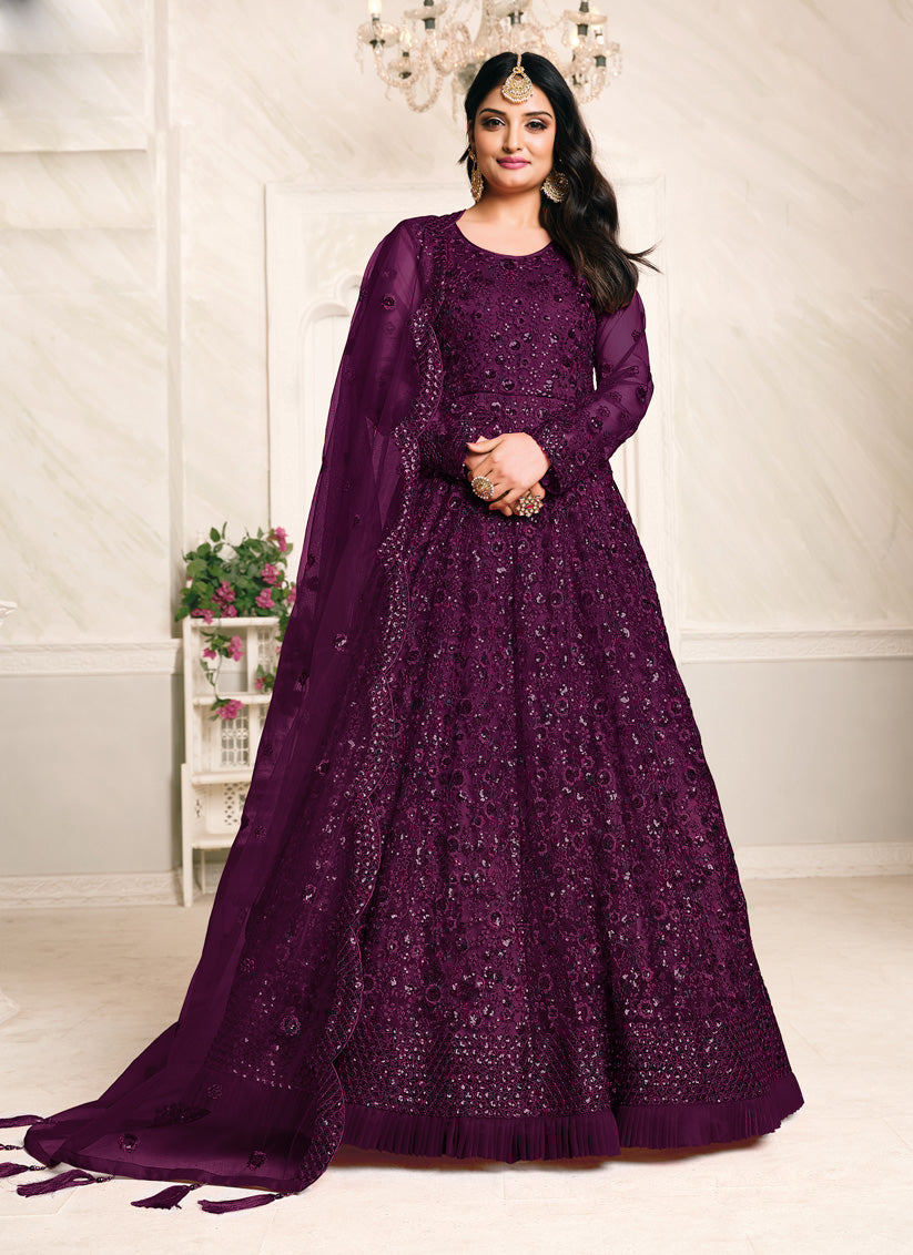 Plum Net Sequined Designer Anarkali Suit