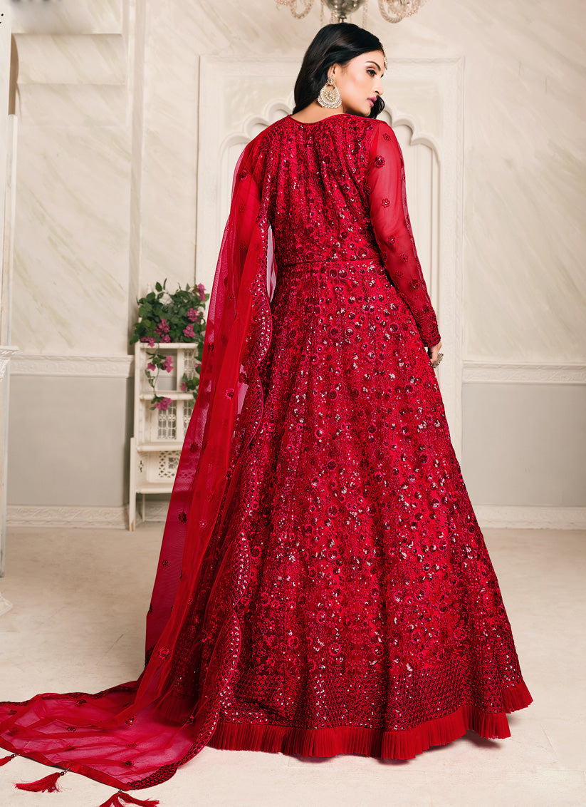Cherry Red Net Sequined Designer Anarkali Suit