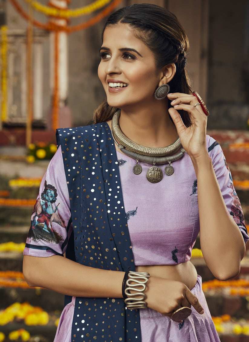 Lilac Pink Silk Printed Chaniya Choli