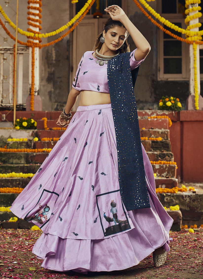 Lilac Pink Silk Printed Chaniya Choli