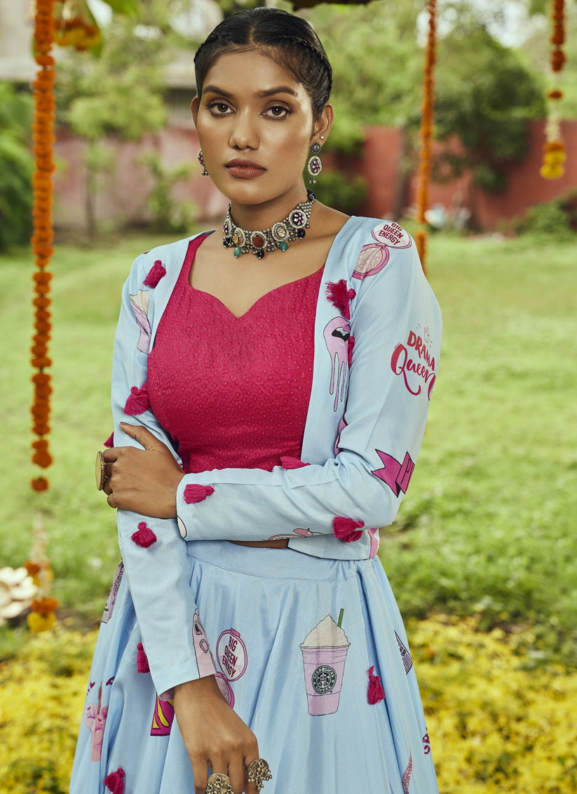 Breeze Blue Muslin Cotton Printed Chaniya Choli