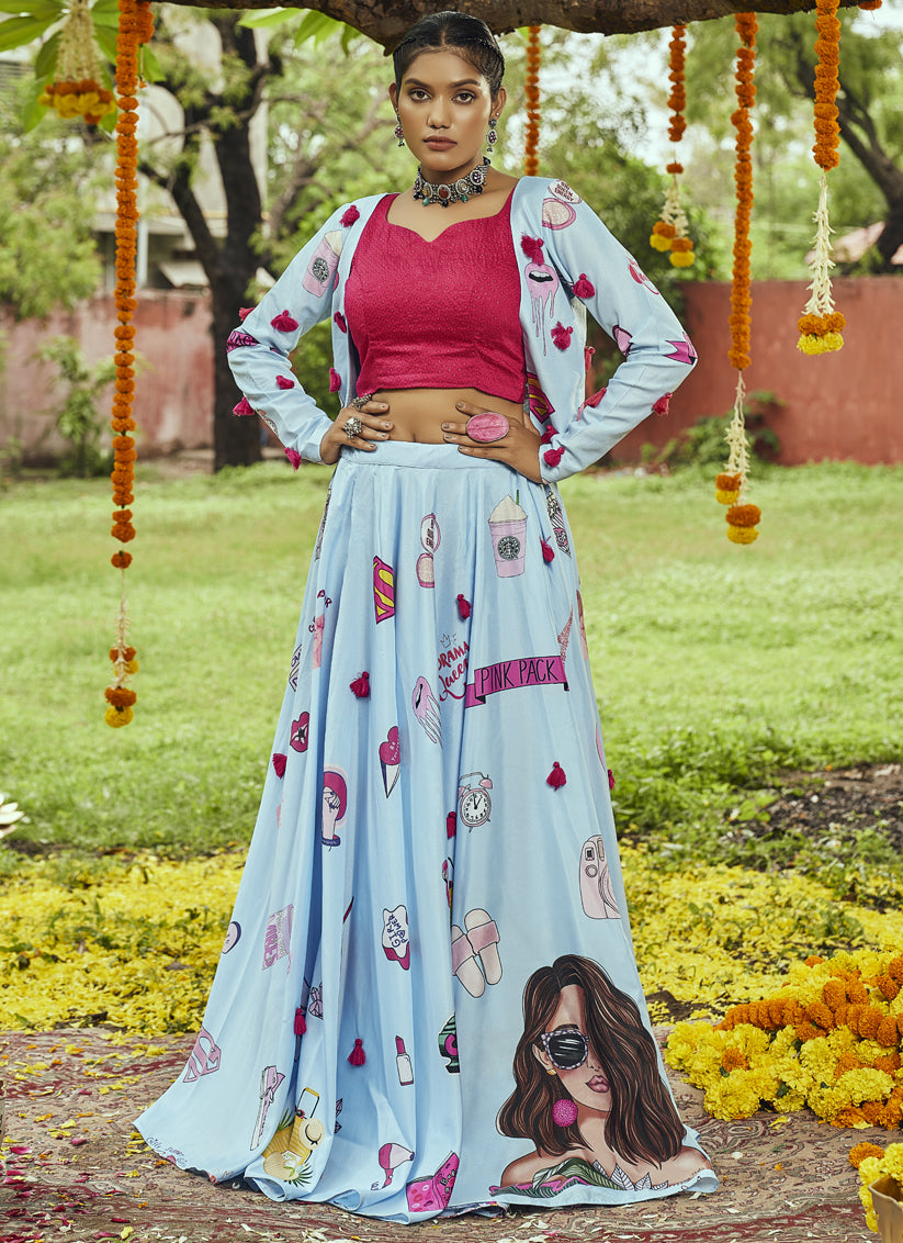 Breeze Blue Muslin Cotton Printed Chaniya Choli