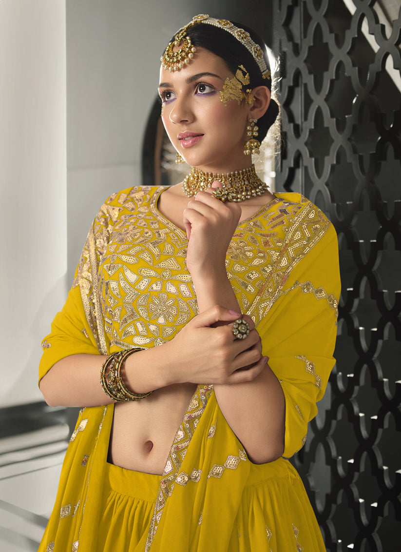 Mustard Georgette Sequined Lehenga Choli