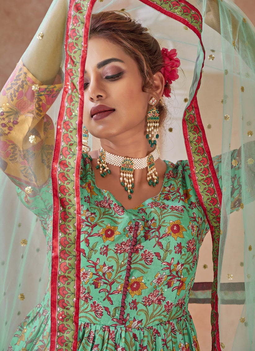 Sea Green Dola Silk Readymade Gown With Dupatta