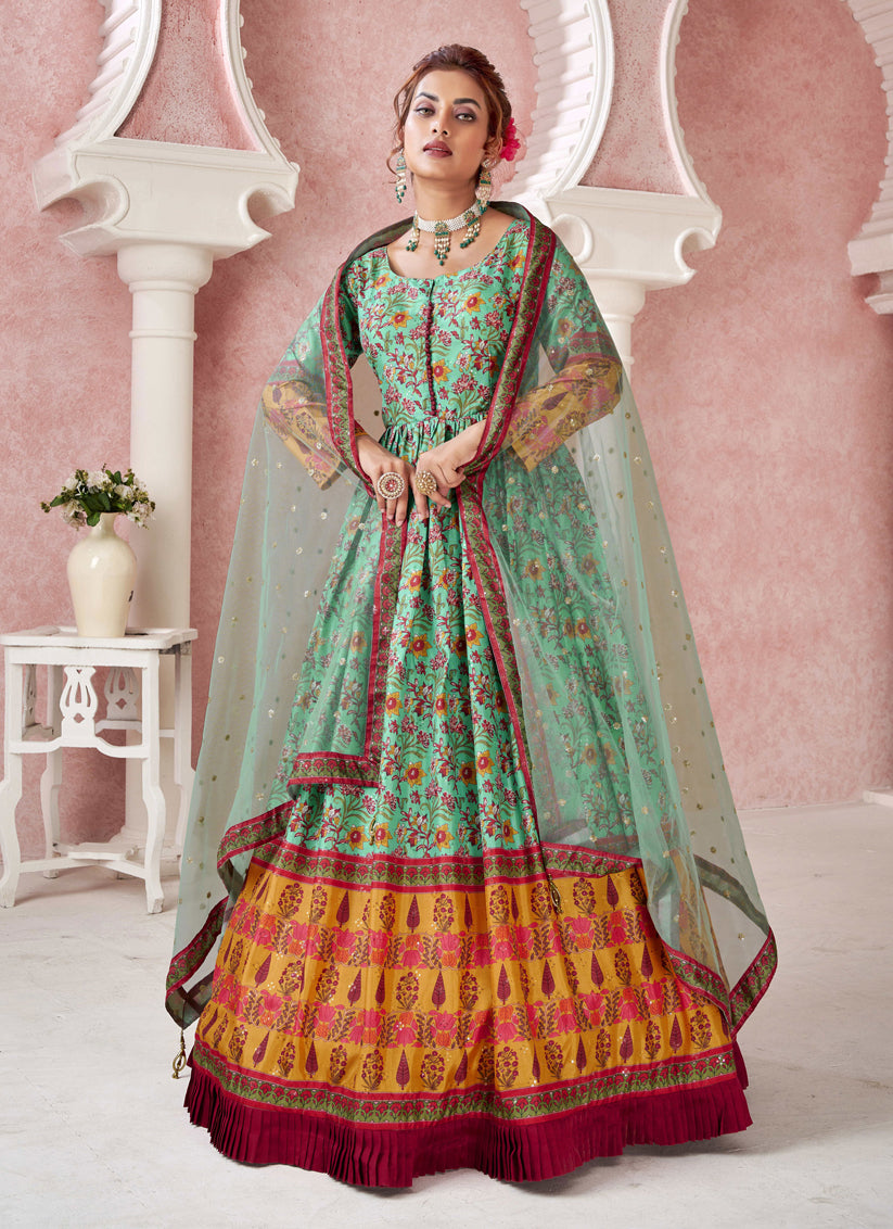 Sea Green Dola Silk Readymade Gown With Dupatta