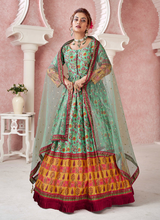 Sea Green Dola Silk Readymade Gown With Dupatta