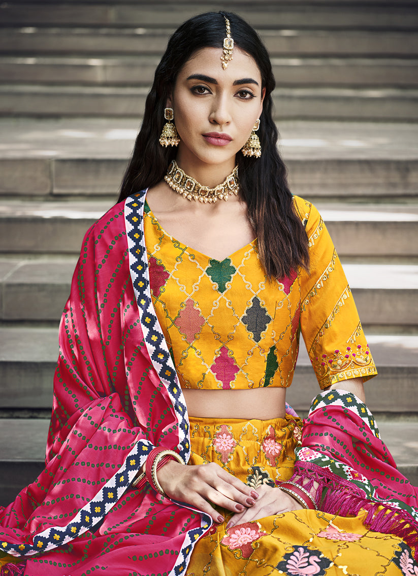 Golden Yellow Silk Embroidered Designer Lehenga Choli