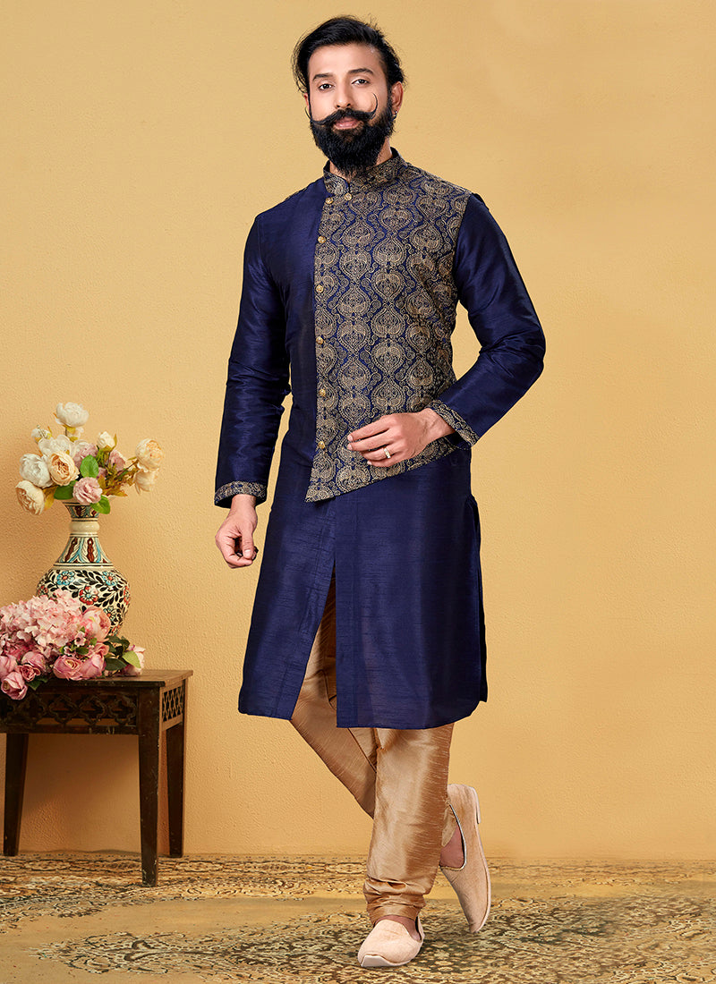 Navy Blue Dhupion Silk Embroidered Mens Kurta Set
