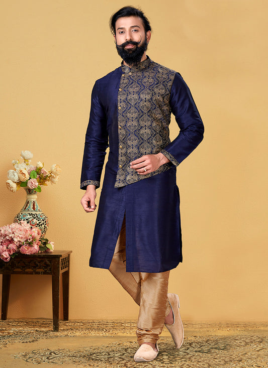 Navy Blue Dhupion Silk Embroidered Mens Kurta Set