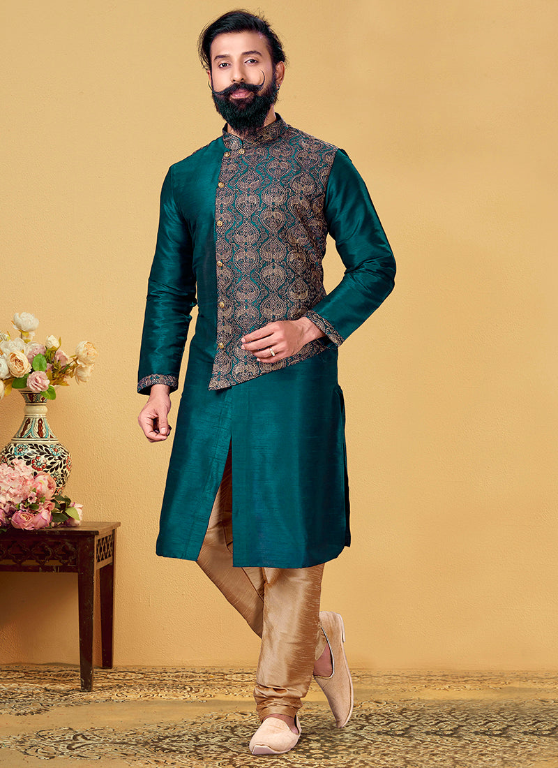 Teal Green Dhupion Silk Embroidered Mens Kurta Set