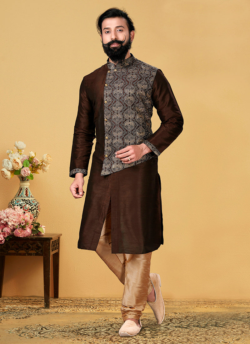 Coffee Brown Dhupion Silk Embroidered Mens Kurta Set