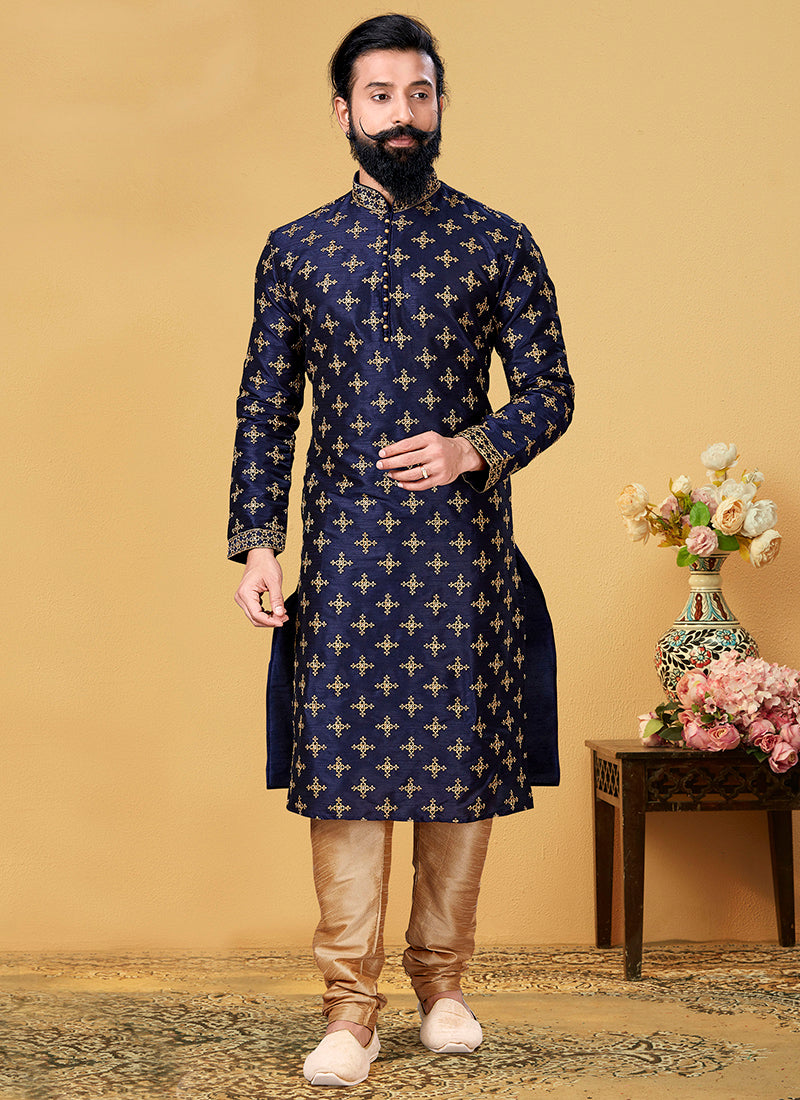 Navy Blue Dhupion Silk Embroidered Mens Kurta Set