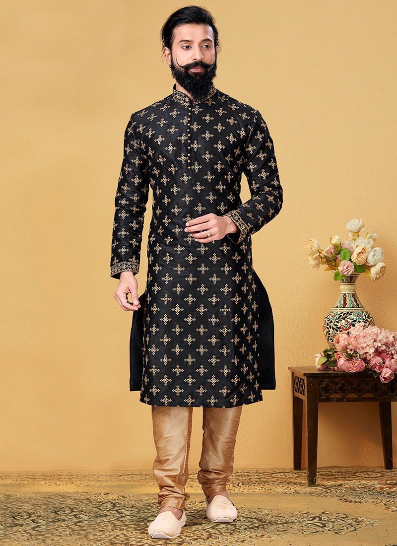 Black Dhupion Silk Embroidered Mens Kurta Set