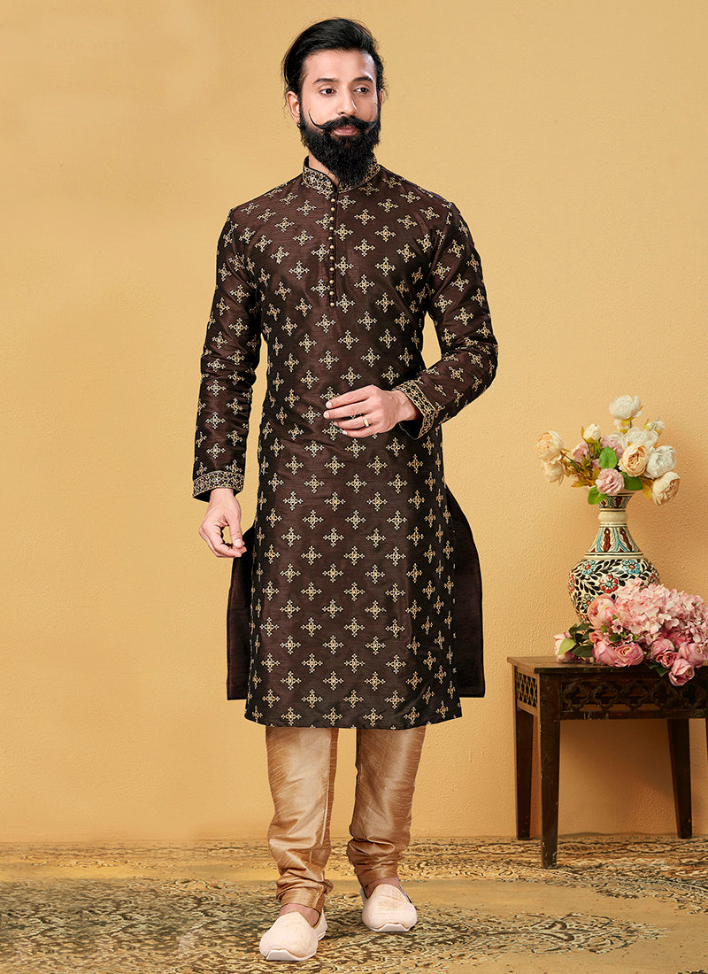 Coffee Brown Dhupion Silk Embroidered Mens Kurta Set