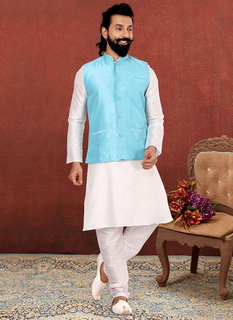 Off White Dhupion Silk Mens Kurta Pyjama with Jacket