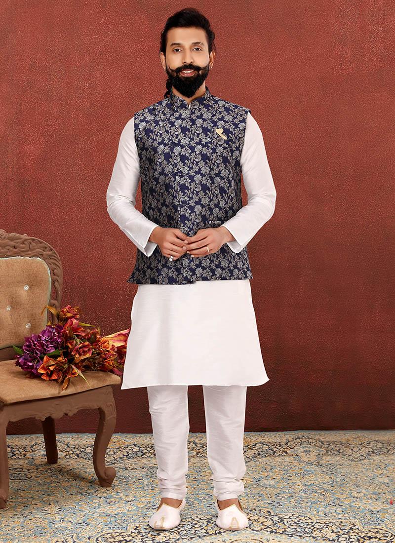 Off White Dhupion Silk Mens Kurta Pyjama with Jacket