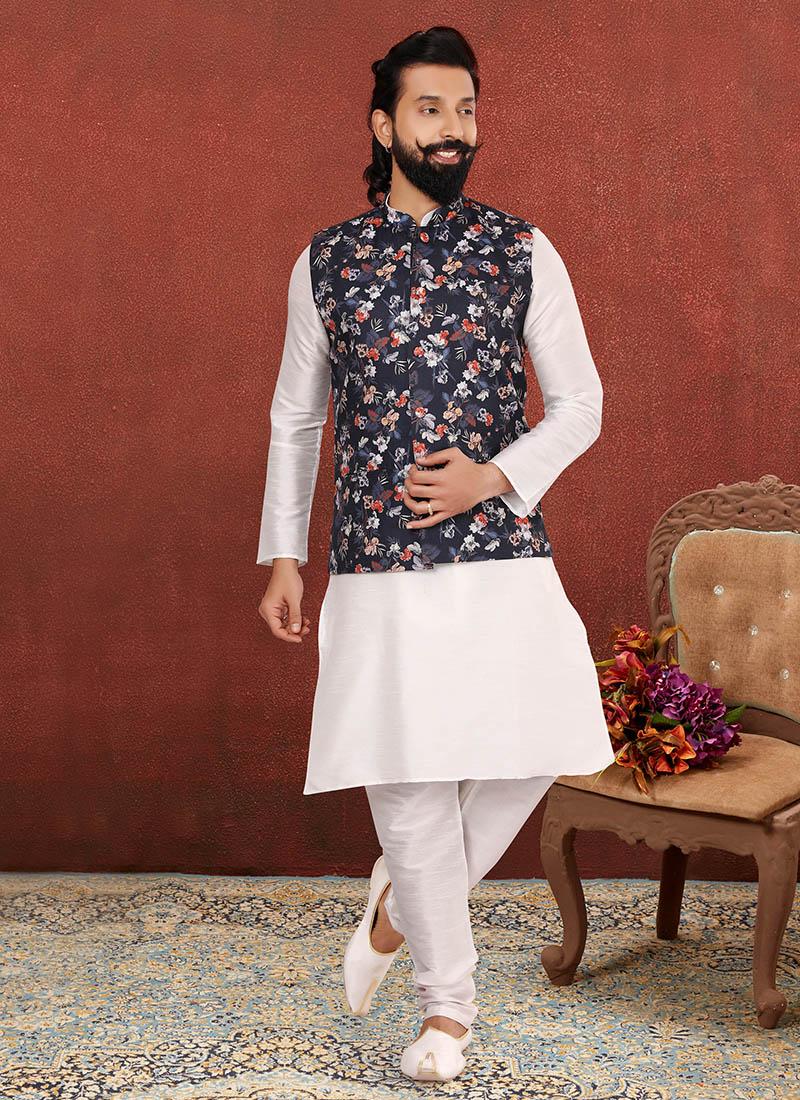 Off White Dhupion Silk Mens Kurta Pyjama with Jacket