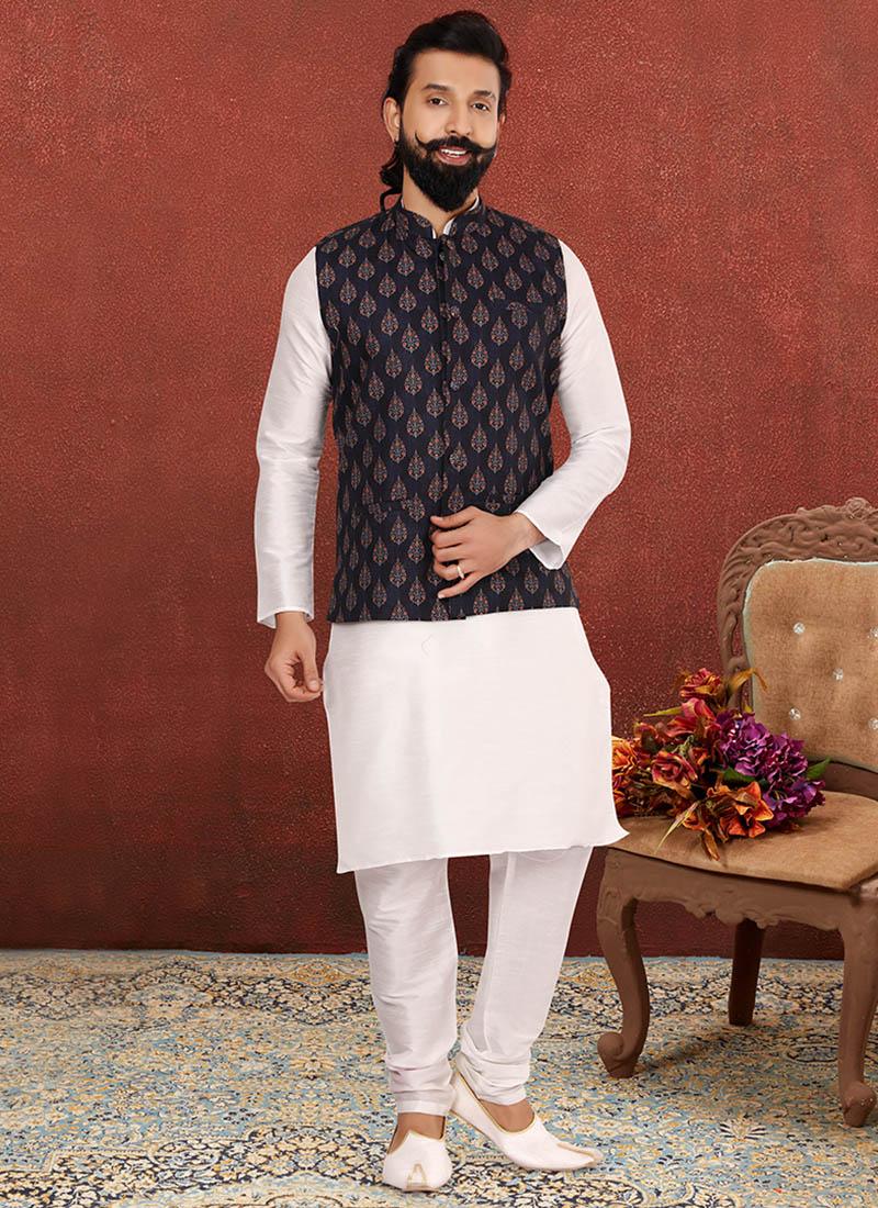 Off White Dhupion Silk Mens Kurta Pyjama with Jacket