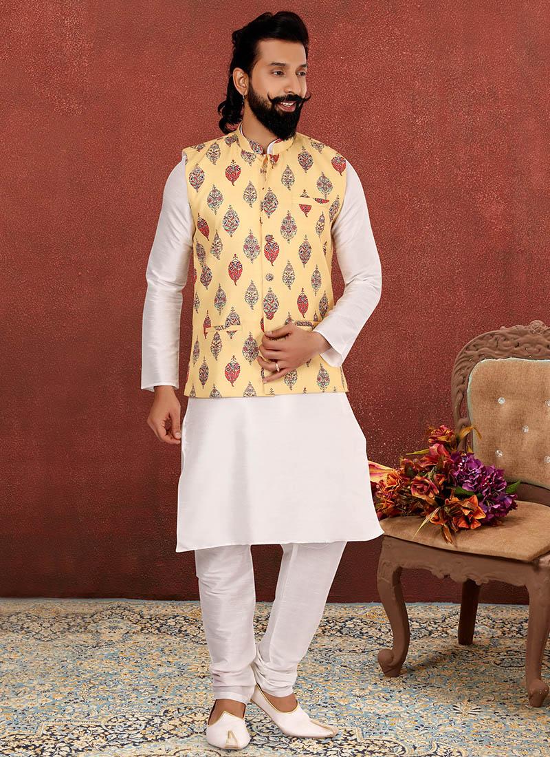Off White Dhupion Silk Mens Kurta Pyjama with Jacket