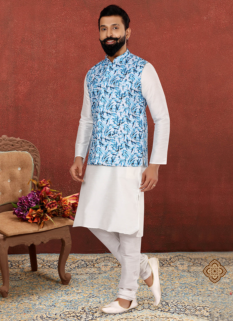 Off White Dhupion Silk Mens Kurta Pyjama with Jacket
