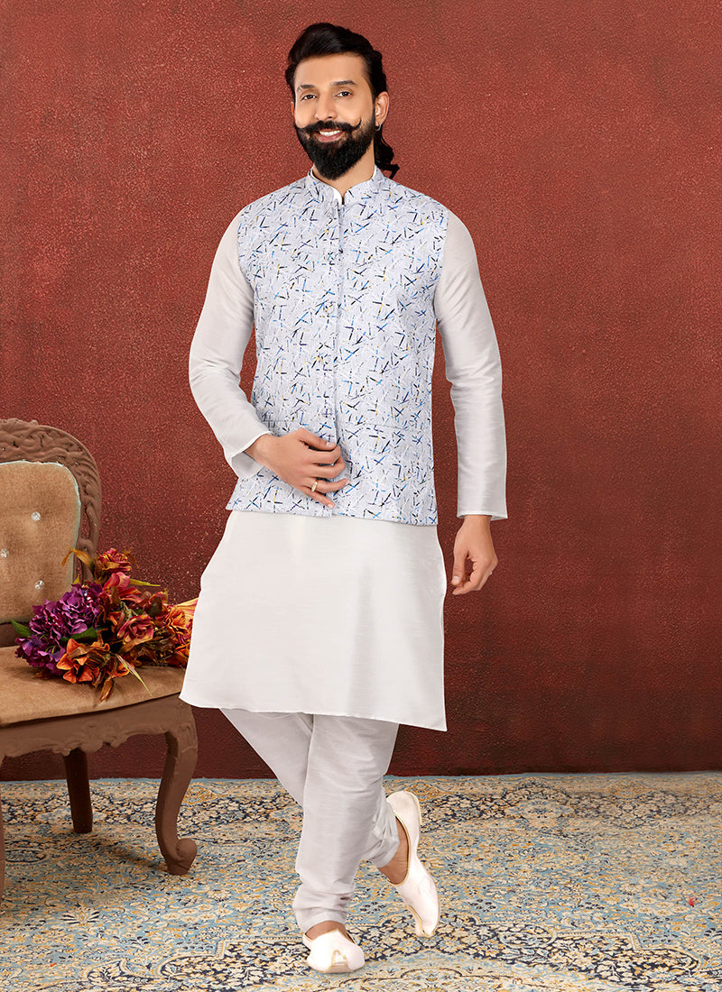 Off White Dhupion Silk Mens Kurta Pyjama with Jacket