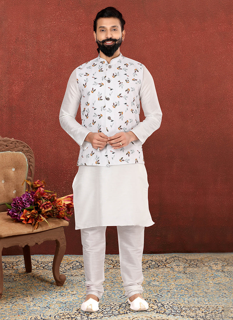 Off White Dhupion Silk Mens Kurta Pyjama with Jacket