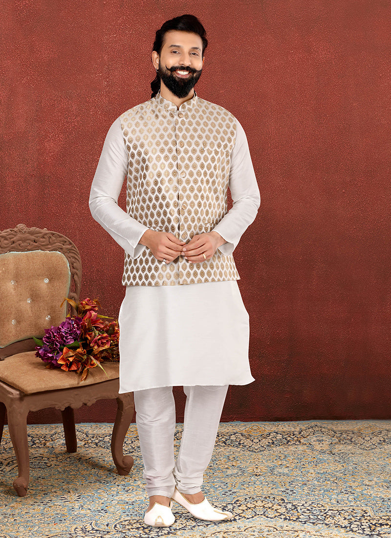 Off White Dhupion Silk Mens Kurta Pyjama with Jacket
