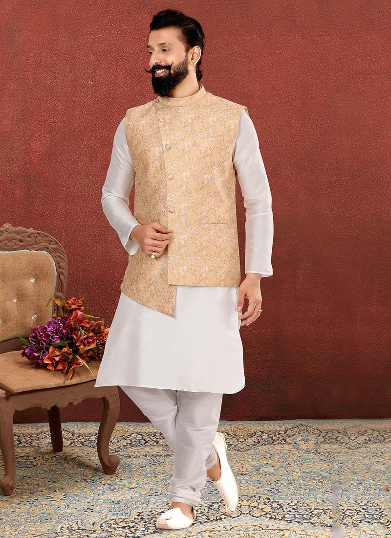 Off White Dhupion Silk Mens Kurta Pyjama with Jacket