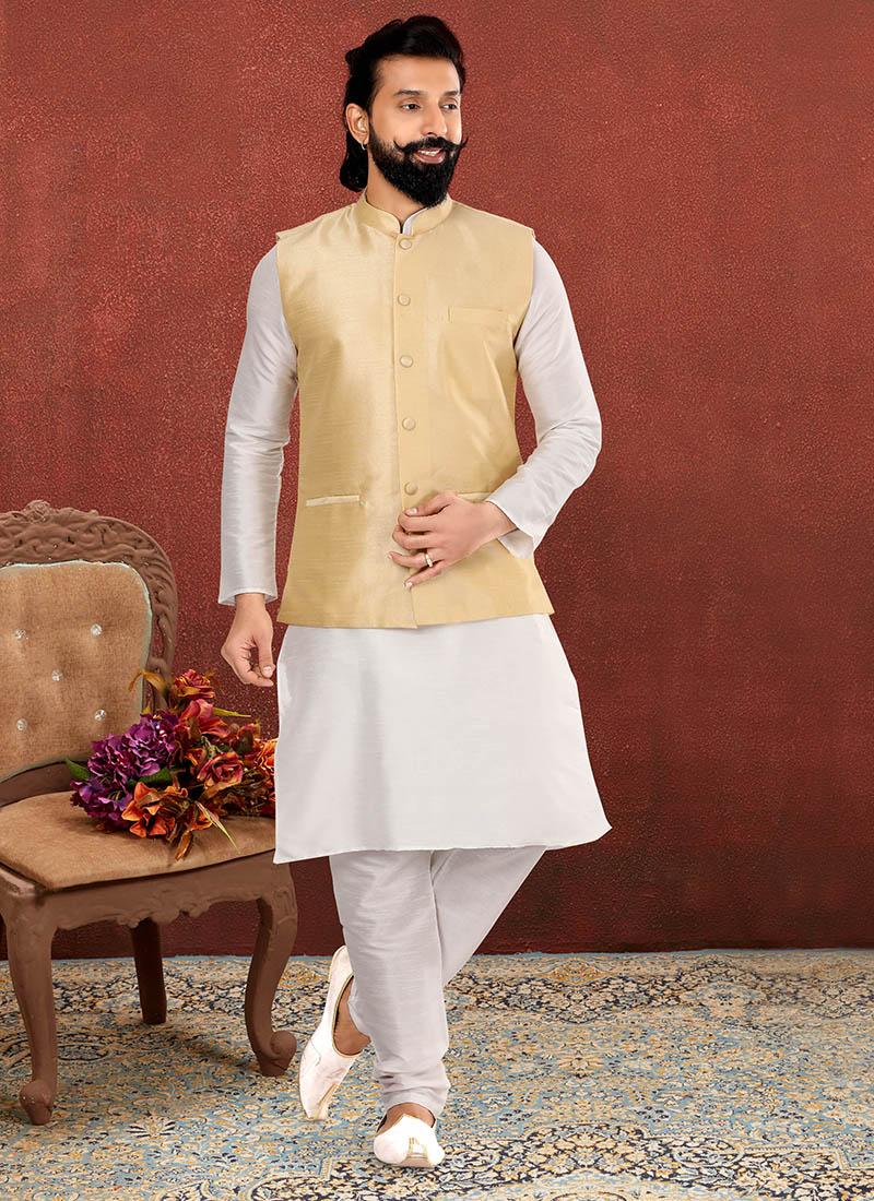 Off White Dhupion Silk Mens Kurta Pyjama with Jacket