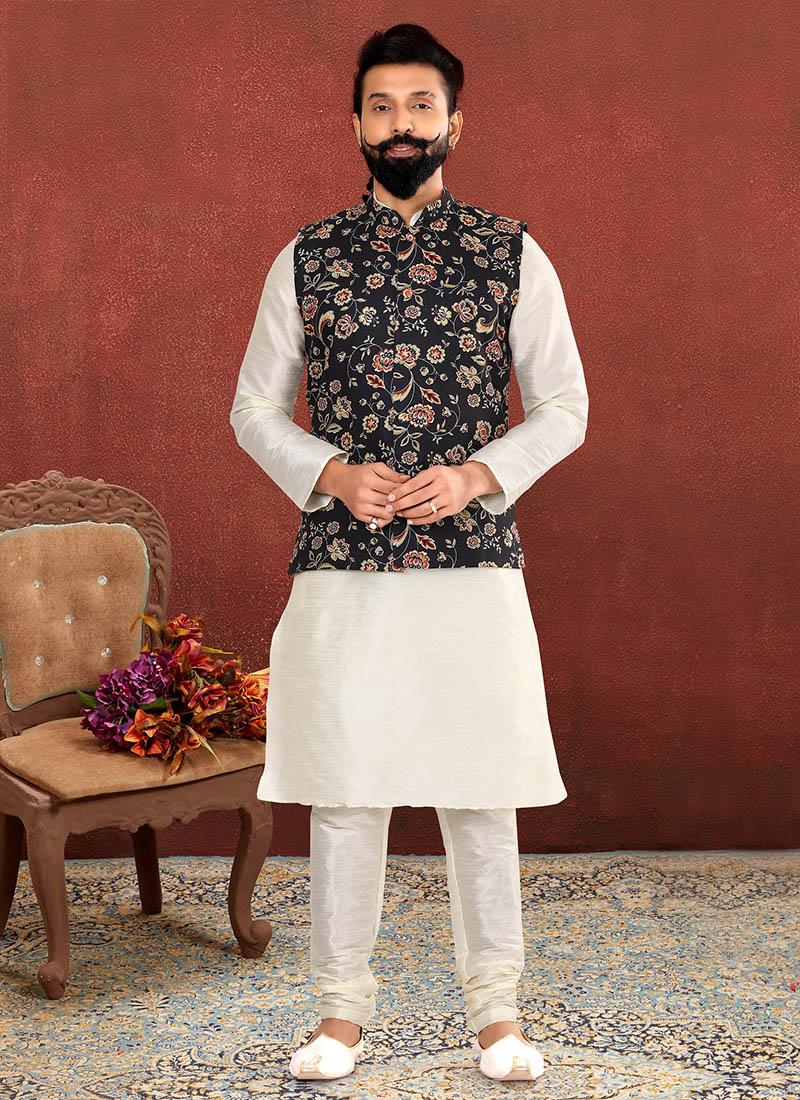 Off White Dhupion Silk Mens Kurta Pyjama with Jacket