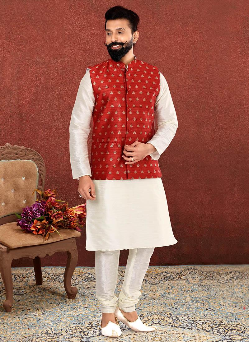 Off White Dhupion Silk Mens Kurta Pyjama with Jacket
