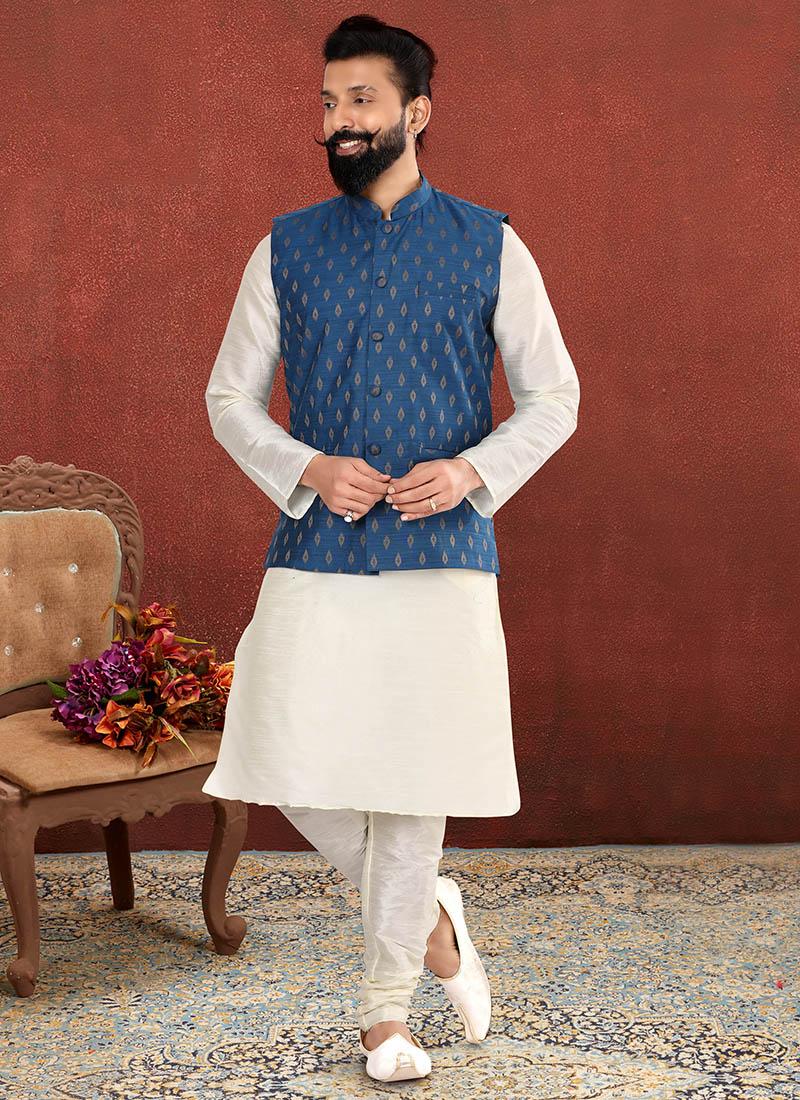 Off White Dhupion Silk Mens Kurta Pyjama with Jacket