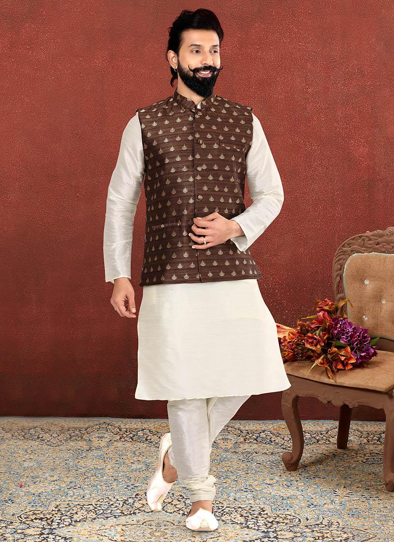 Off White Dhupion Silk Mens Kurta Pyjama with Jacket