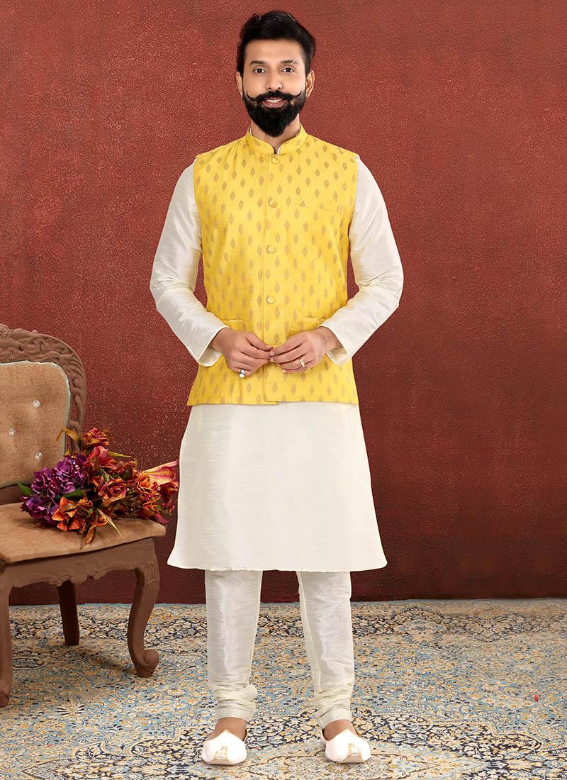 Off White Dhupion Silk Mens Kurta Pyjama with Jacket