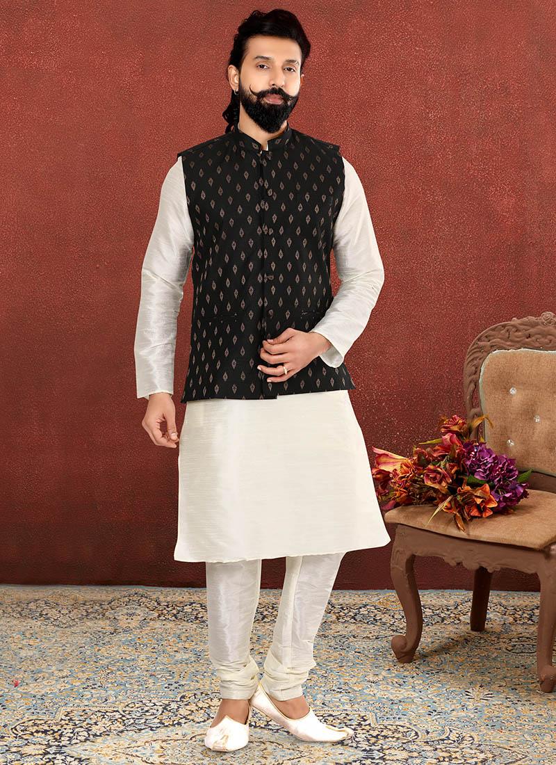 Off White Dhupion Silk Mens Kurta Pyjama with Jacket