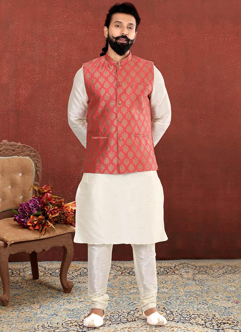 Off White Dhupion Silk Mens Kurta Pyjama with Jacket