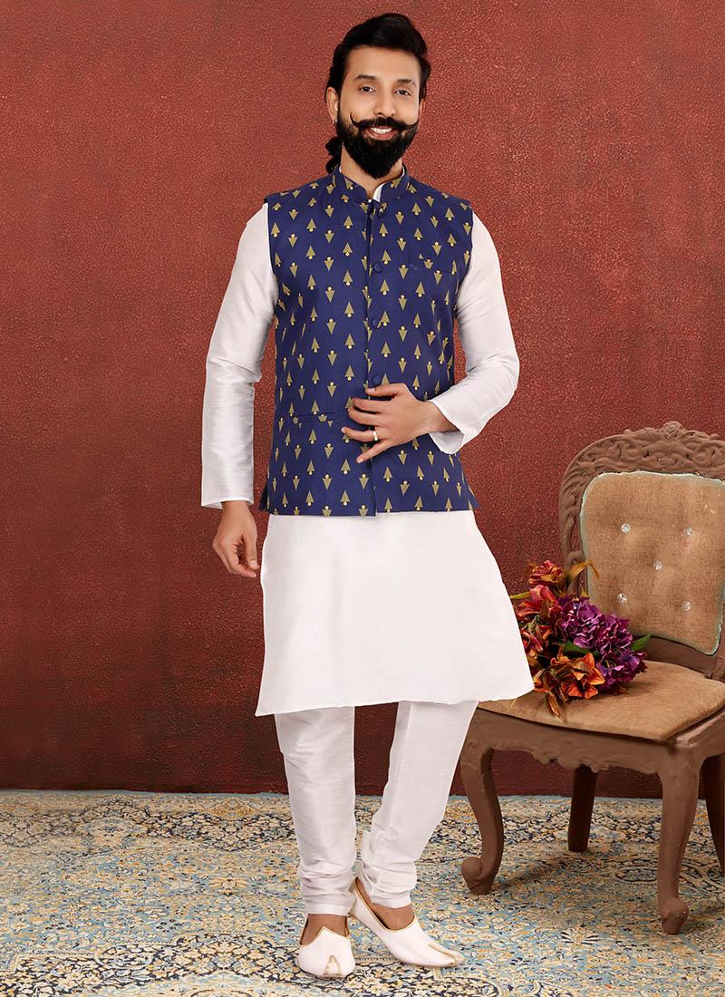 Off White Dhupion Silk Mens Kurta Pyjama with Jacket