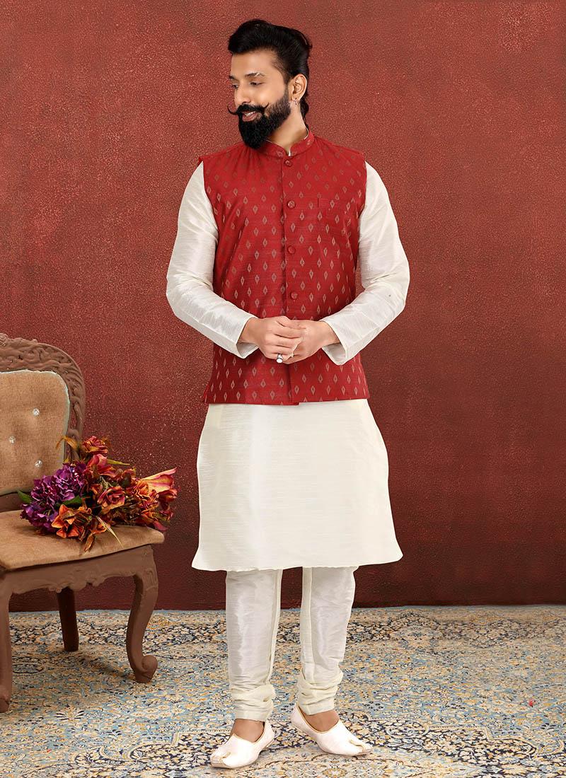 Off White Dhupion Silk Mens Kurta Pyjama with Jacket