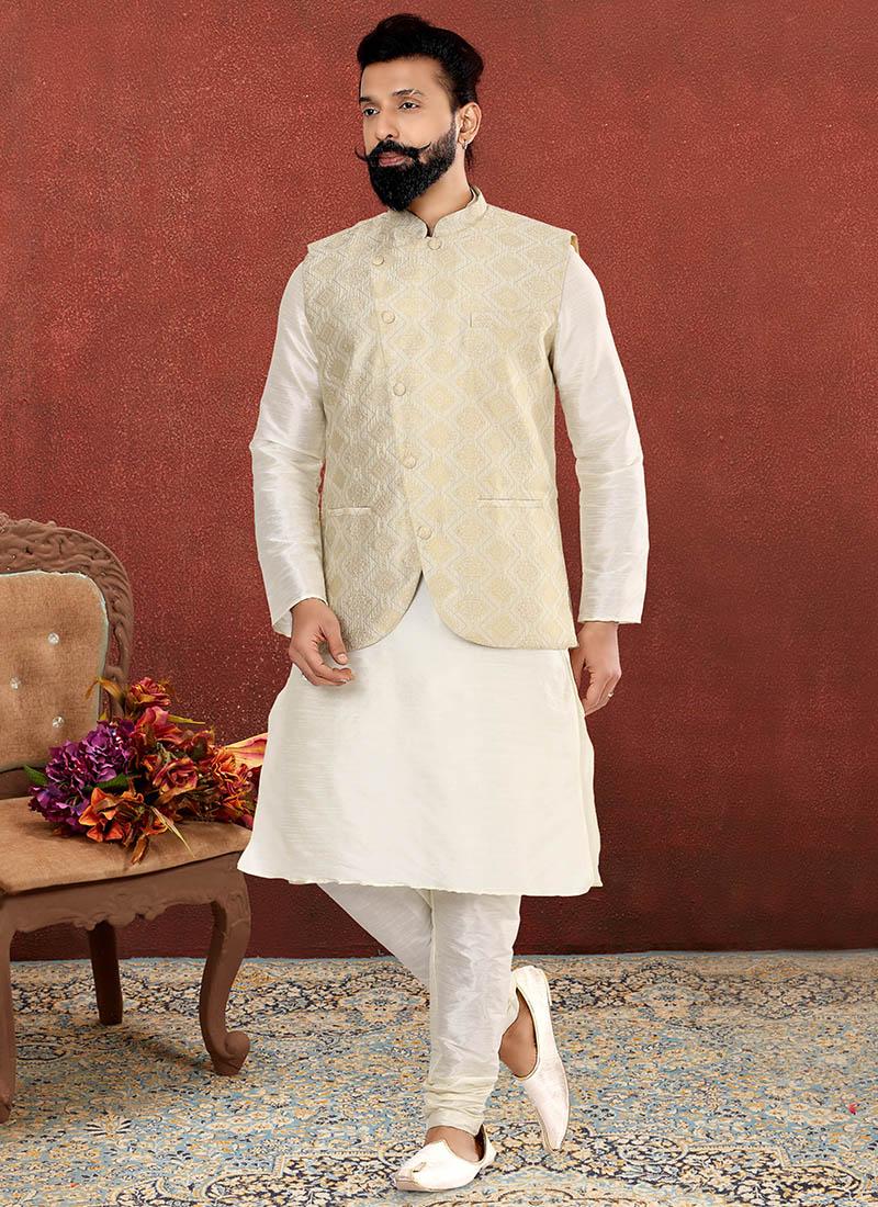 Off White Dhupion Silk Mens Kurta Pyjama with Jacket