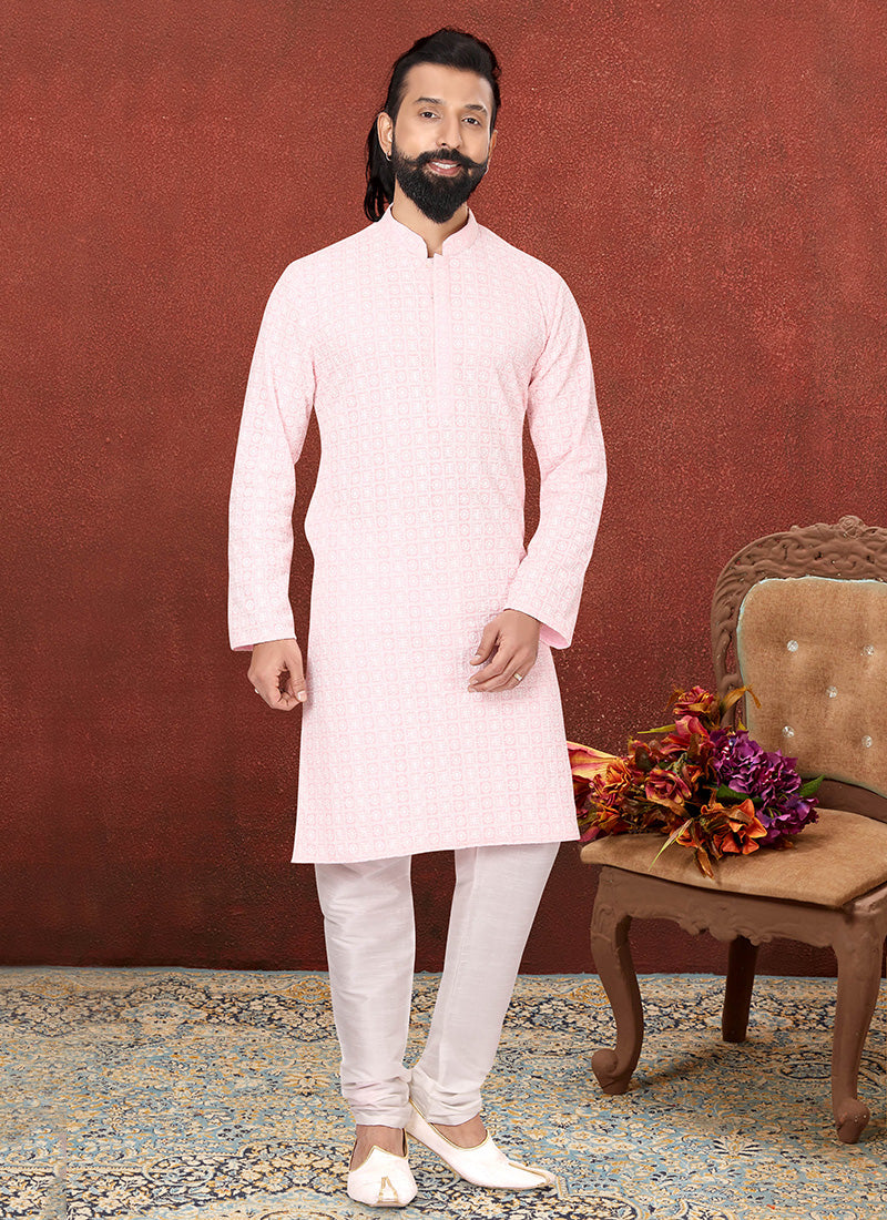 Soft Pink Georgette Embroidered Mens Kurta Set