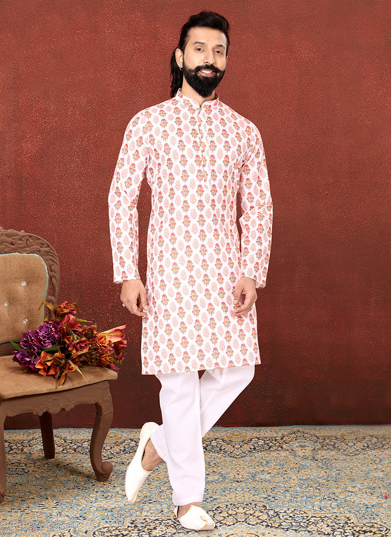 White Cotton Printed Mens Kurta Set