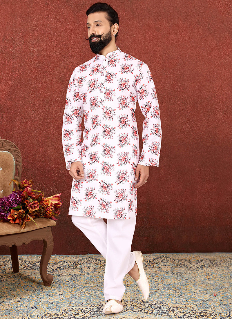 White Cotton Printed Mens Kurta Set