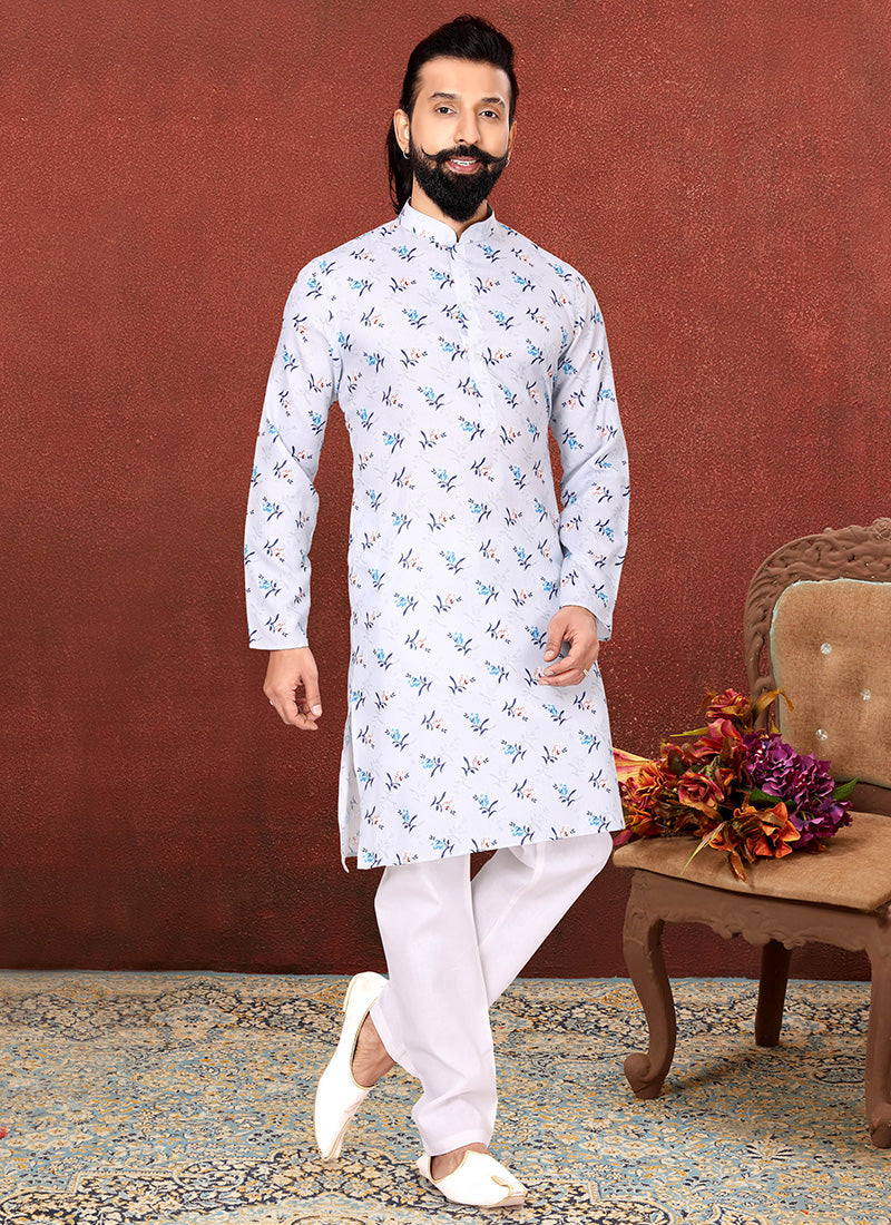 Ice Blue Cotton Printed Mens Kurta Set